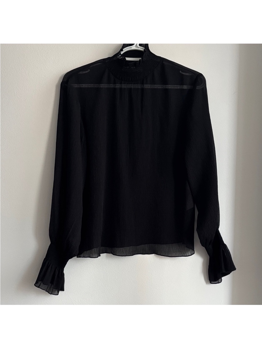 OAK + FORT Black Sheer Smocked Neck Ruffle Cuff Blouse Size S/P